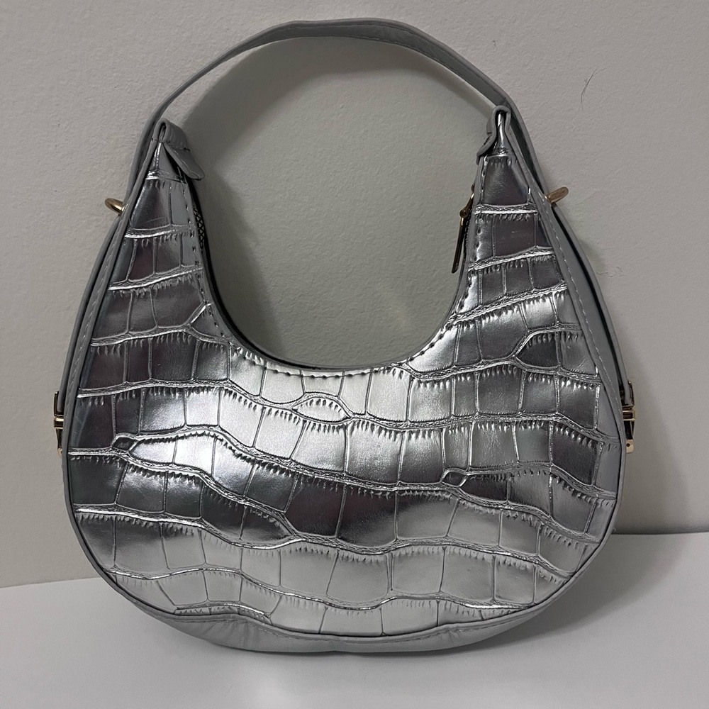 Metallic Silver Croc-Embossed texture Shoulder mini women’s handBag Gold Zipper